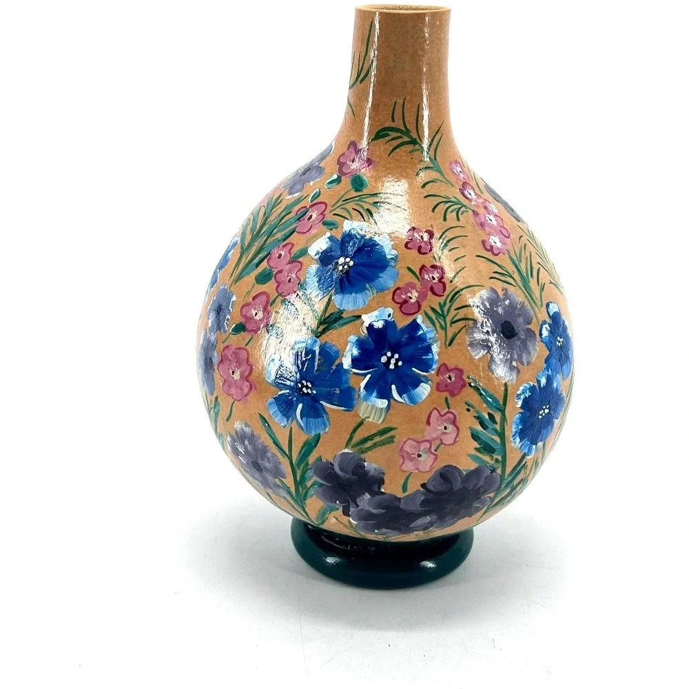 Hand Painted Floral Gourd Folk Art Vase Signed 1998 Blue Pink Flowers
